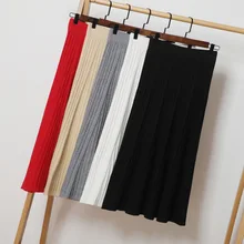 HLBCBG винтажная элегантная зимняя женская юбка-свитер эластичная высокая талия плиссированная миди трикотажная юбка трапециевидная Женская однотонная Плотная юбка