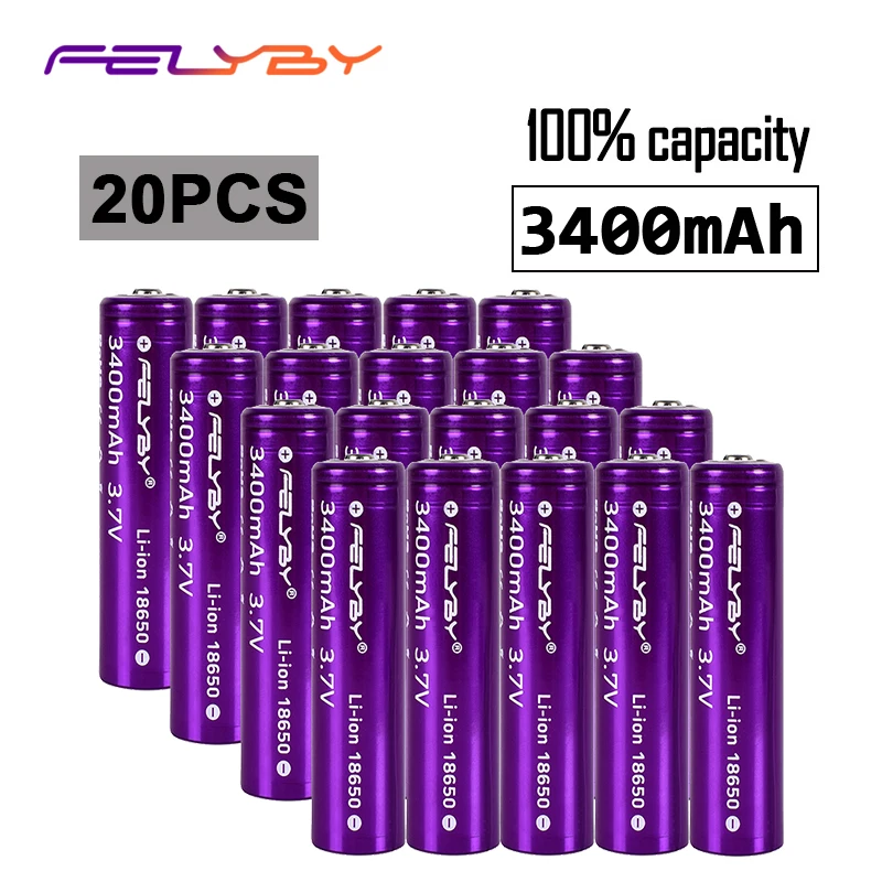 FELYBY 20 шт 18650 3,7 в литий-ионная аккумуляторная батарея au lithium accu литий-ионный 18650 аккумулятор 3400 мАч