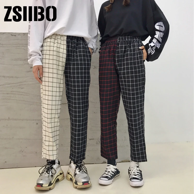 

Korea ulzzang Harajuku pants summer lattice personality stitching Vintage plaid casual nine pants couple hip hop fun new pants