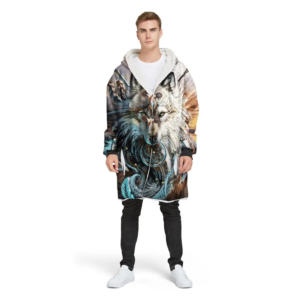 

Lone Wolf Hooded Blanket Fleece Plush 3D Print Warm Wrap Blanket with Sleeves,Winter Outdoor Coat Buttoned Jacket Pocket Hoodie