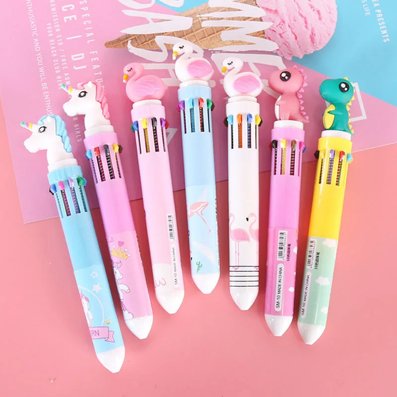 

1X Kawaii cute pen 10 in 1 Colorful Ball Ballpoint Pen office school supplies Student Stationery Writing Drawing Pen