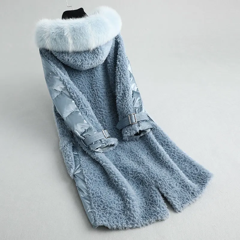 

Real Sheep Shearling Fur Coat Female Real Fox Fur Collar Long Down Jacket Winter Jacket Women 300% Wool Coats MY4055