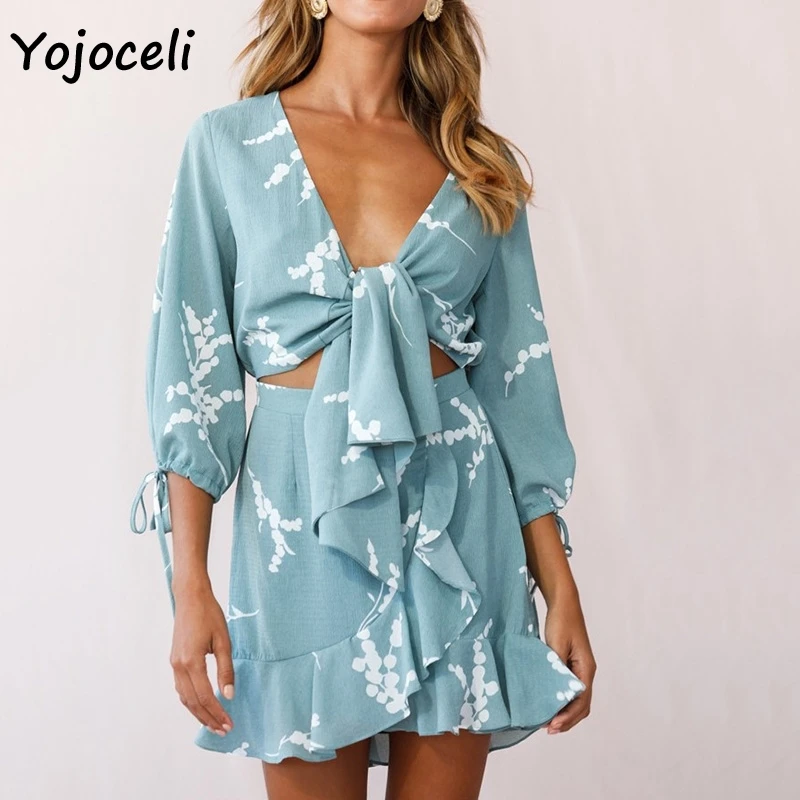 Yojoceli, платье с цветочным принтом и бантом, женское, бохо, Пляжное, с рюшами, мини-платье, v-образный вырез, уличная одежда, мини-платье