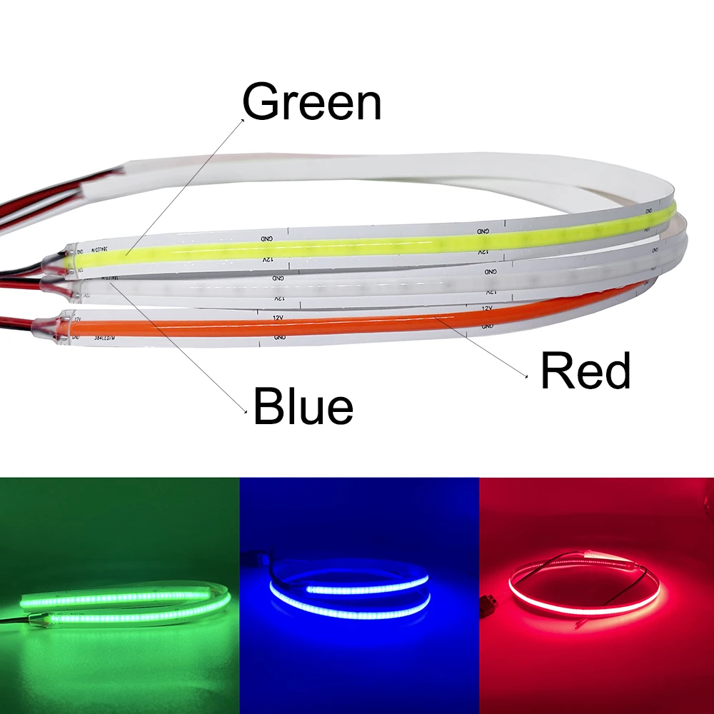 COB LED Strip Light High Density Flexible FOB COB 320/384/480/528LEDs/m Lights Tape Blue/ Green/Red Linear Dimmable DC12V/24V