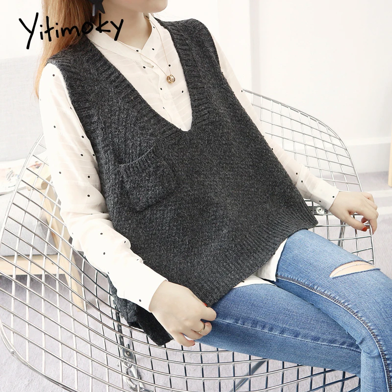 Oversized women sweater vest Autumn winter plus size women sweaters Fashion V neck casual knitting pullover with pocket