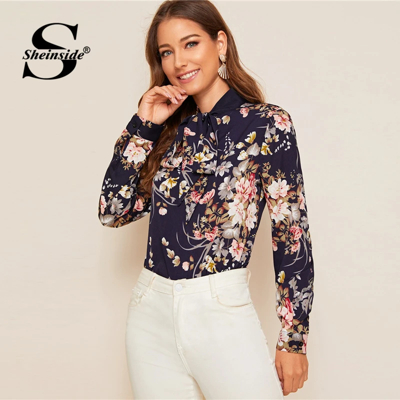 Najtaniej Sheinside na co dzień łuk krawat szyi bluzka kobiety 2019 jesień elegancki kwiatowy Print bluzki biurowe panie granatowy top szyfonowy