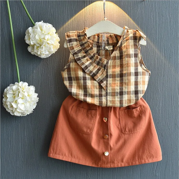 

2019 Summer Children Korean-style GIRL'S Suit Fashion-Style Plaid Tops Brown Skirt