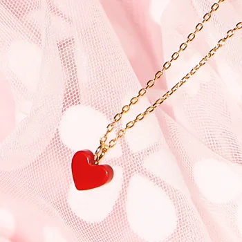 

Love Necklace Red Peach Heart Pendant 925 Sterling Silver Heart Shaped Clavicle Chain Small Red Heart Set Chain