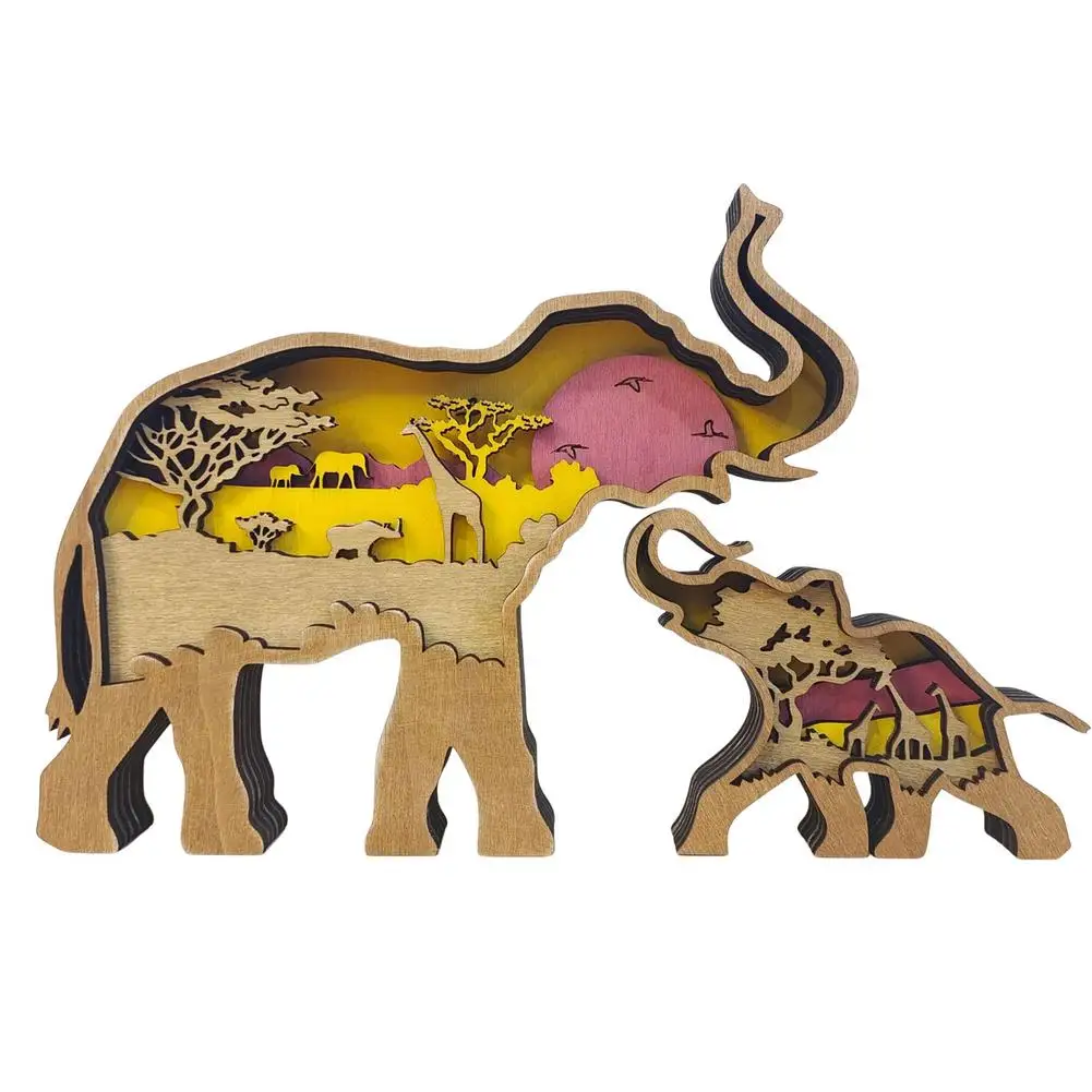 Carved Wooden Elephant Decorations Multi-Layer 3D Wood Carving Art Animals Ornaments Handcraft | Дом и сад