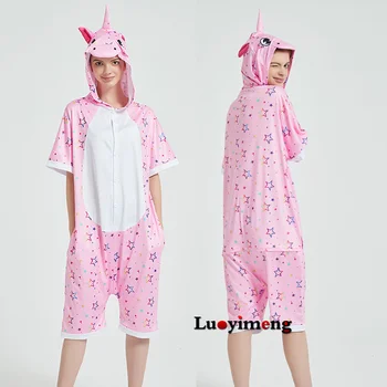 

New Kigurumi Onesies Pajamas for Women Men Couple's Short Sleeve Pyjamas Summer Animal Cartoon Hooded Sleepwear Lounge Nightwear