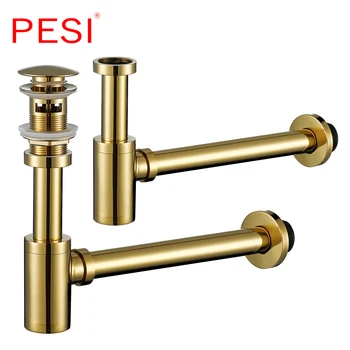 

High Quality Brass Body Basin Wast Drain Wall Connection Plumbing P-traps Wash Pipe Bathroom Sink Trap Gold with Pop Up Drain.