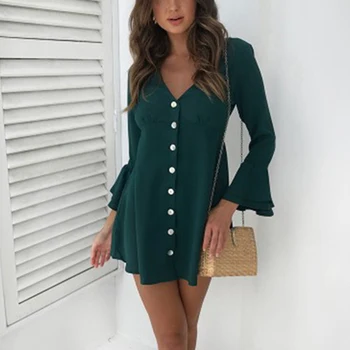 

Solid Casual Mini Dress Sexy V-Neck Ruffle Sleeve Buttons Women 2019 New Autumn Elegant Single-breasted Dress Female Vestidos