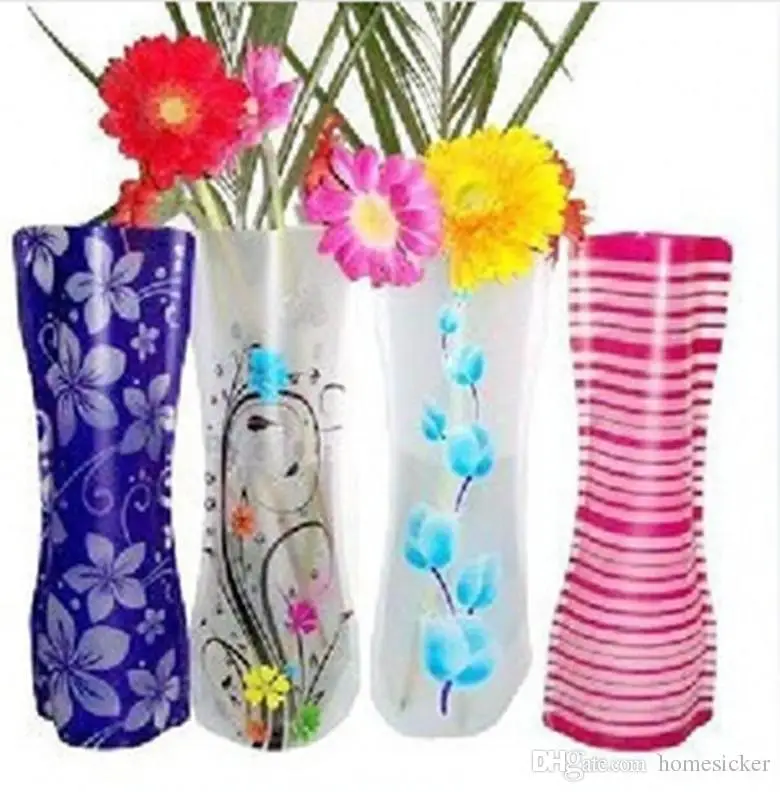 500pcs /lot Unbreakable Foldable Reusable Plastic Flower Vase Creative Folding Magic PVC Vase 11.7cm*27cm Mix Color Home Decor