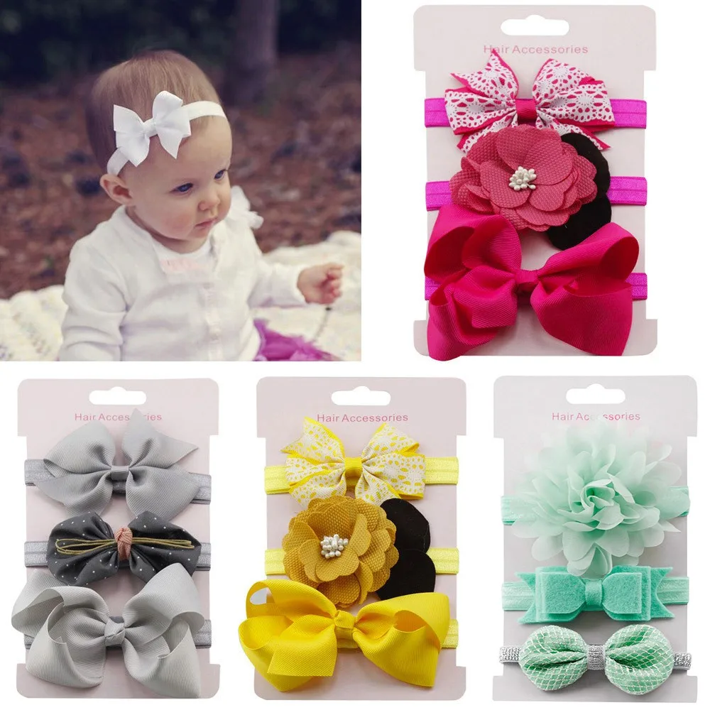 Diadema elástica Floral para niña, conjunto de 3 uds. De cinta para el pelo con lazo, accesorios para el cabello para niña