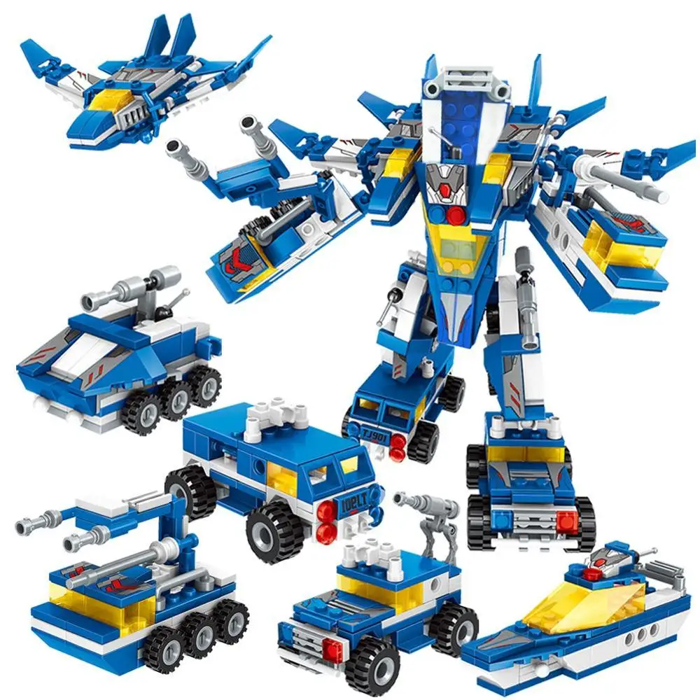 

6-in-1 553PCS Truck Building Blocks Kits Sea Land And Air Transformer Robot Compatible Legoings Military Building Blocks Toys