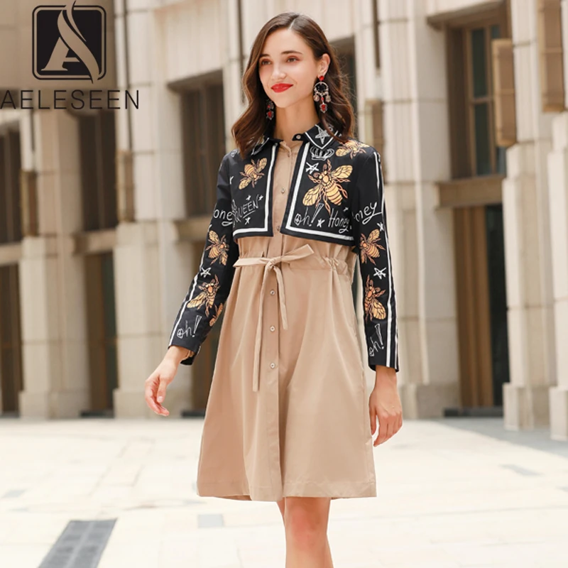 

AELESEEN New 2019 Autumn Office Lady Dresses Women Vintage Bee Print Luxury Beading Collar Sashes Adjustable Waist Midi Dress
