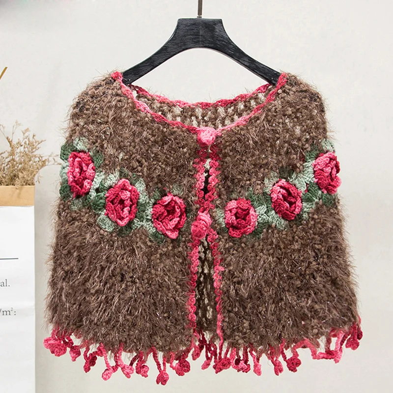 

Women's Knit Cardigans Wrap Shrug Hole Ruffles Hollow Rose Embroidery O-neck Cardigan Woman Shawl Wild Female Tops PL069