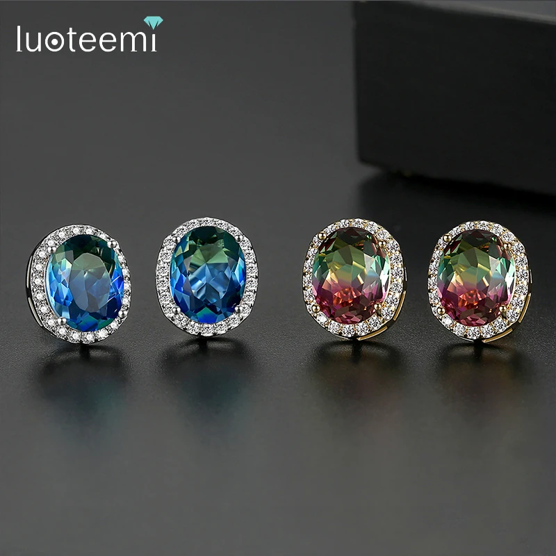 LUOTEEMI Female Rainbow Oval Crystal Earrings AAA Cubic Zirconia Fashion Jewelry CZ Stud Earing For Women Valentine's Day Gifts |