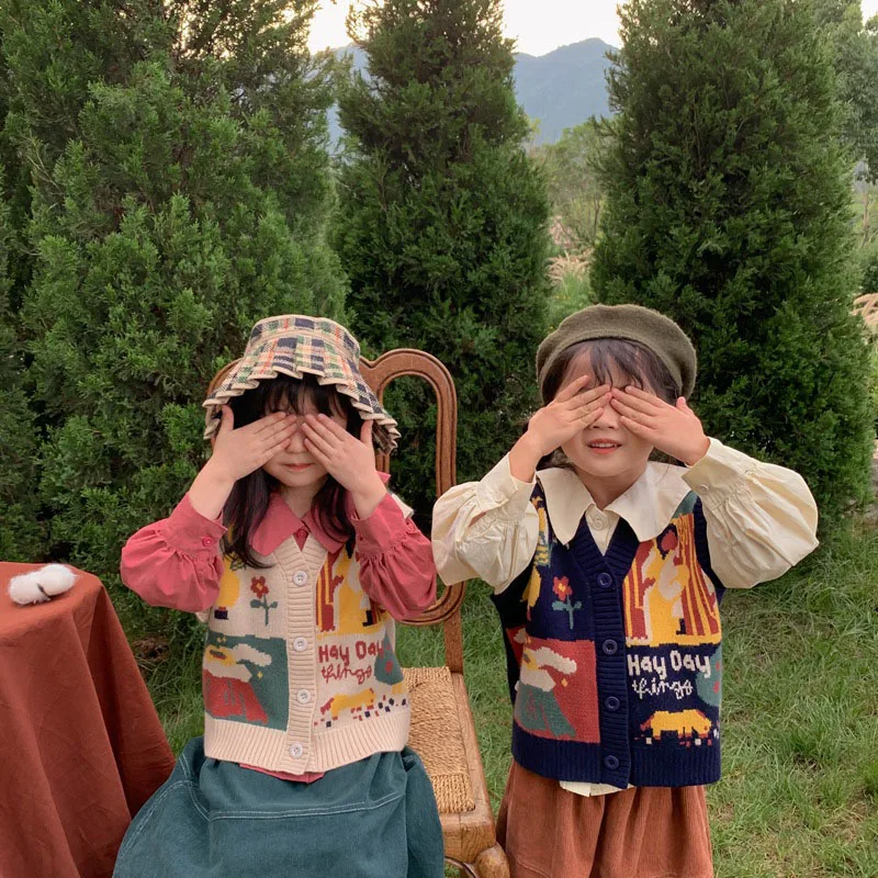 MILANCELAutumn Kids Clothes Cartoon Vest Girls Sleeveless V-Neck Sweater Korean Girl Knitting Clothing