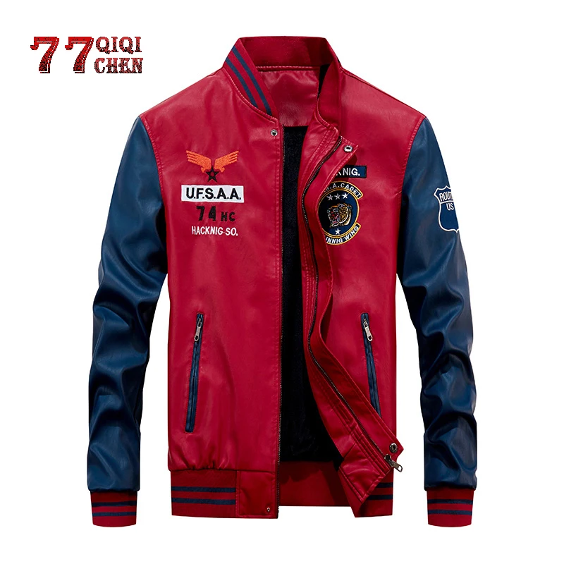 

2019 New Leather Jacket Men Windbreaker Motorcycle Patchwork Baseball Jackets Male Fleece Warm Faux Leather Jacket chaqueta