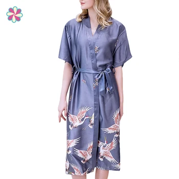 

NEW Summer Women Faux Silk Sleeprobe Casual Long Embroidered Printed Sleepwear W118