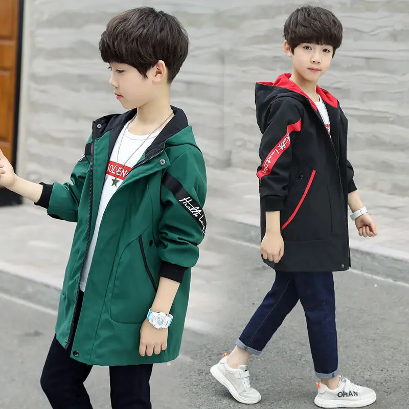 

Spring Autumn Teenagers Boys Trench Coat New Children Fashion Casual Cotton Hooded Outerwear For Boys Long Coats 4-10T 2019 New