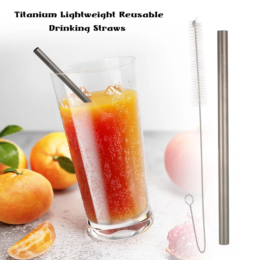 Lixada Titanium Lightweight Curved or Straight Round Reusable Drinking Straws with Cleaning Brush Eco-friendly