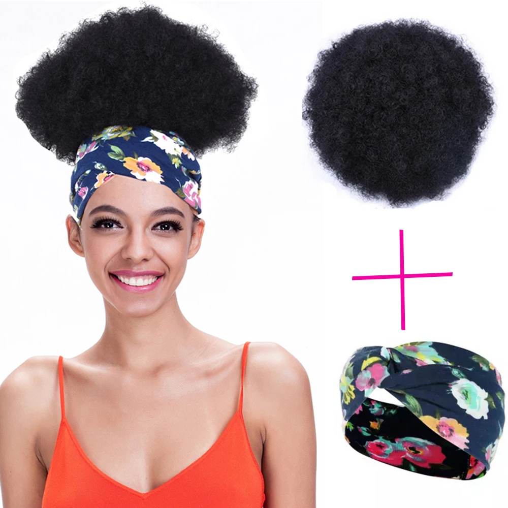 

10inch Short Afro Puff Hair Bun Curly Headband Wig Drawstring Ponytail Synthetic Chignon Hairpiece For Women Updo