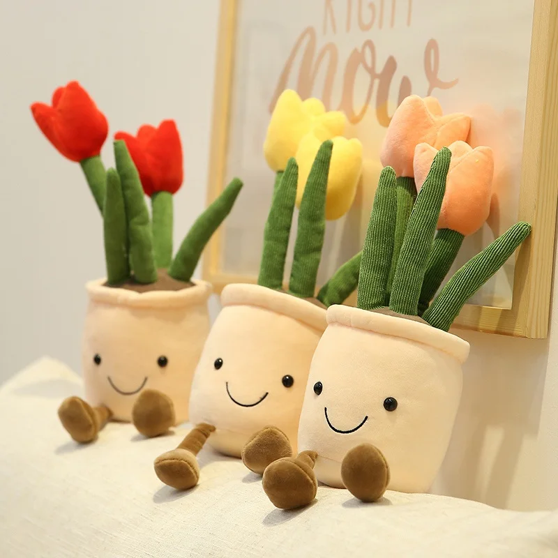 

35cm Lifelike Tulip Plants Plush Stuffed Decoration Toys Soft Bookshelf Decor Doll Creative Potted Flowers Pillow for Girls Gift