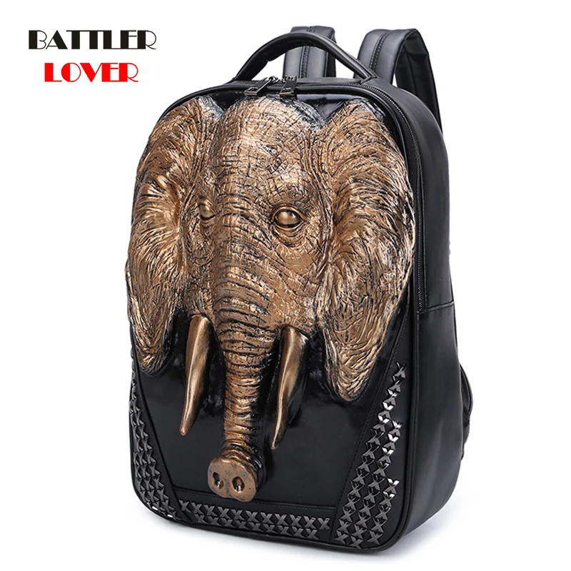 PU Leather Backpack For Men 2021 Unique 3D Travel Bagpack Punk Rivet Elephants Printing 15.6 Inch Waterproof Male Laptop Bags