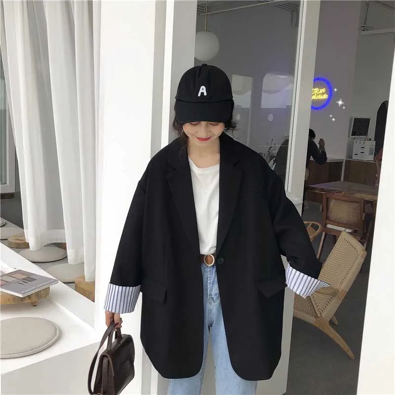NiceMix, однотонный, размера плюс, для женщин, Блейзер, Повседневный, в полоску, рукав, зубчатый, Blusas, осень, шикарный, для офиса, для девушек, куртка, пальто, Chaqueta Mujer