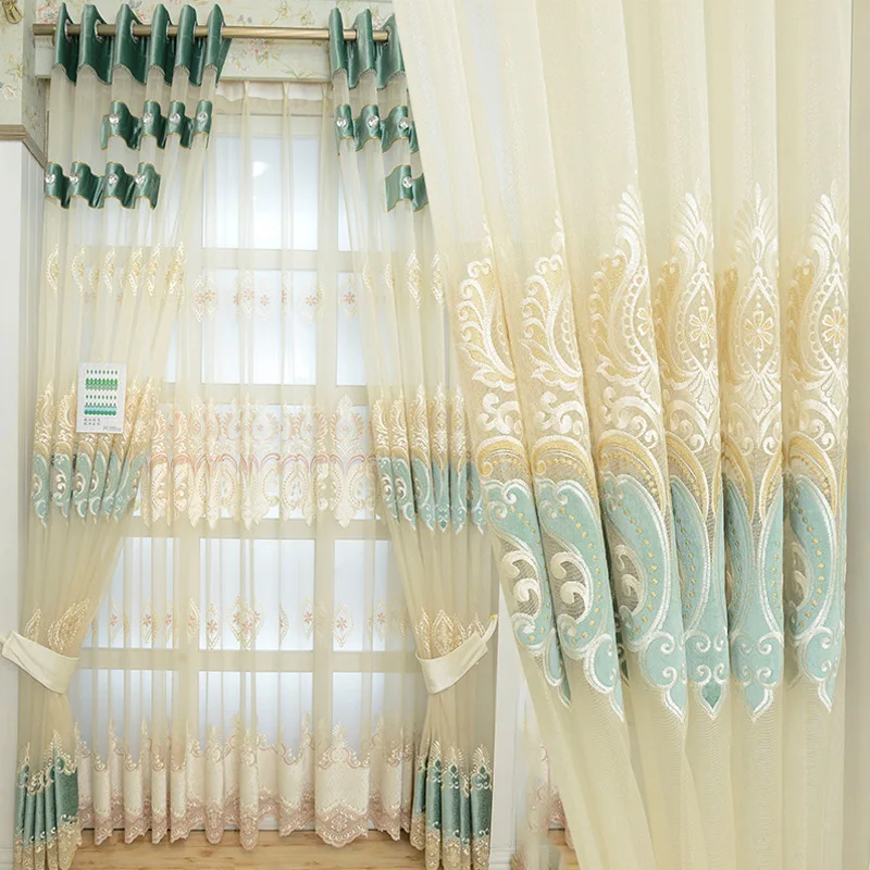 

European Green Embroidery Light Transmission Curtains for Living Dining Room Bedroom.