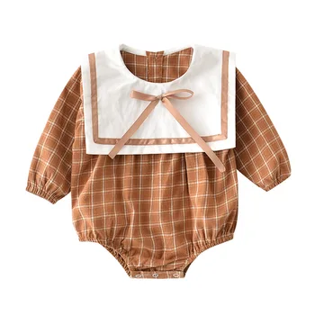 

WLG Baby Plaid Rompers Toddler Peter Pan Collar Long Sleeve Coffee Clothes New Born Casual All Match Romper 6-24 Months