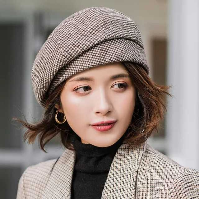 Elegant Women Plaid Beret For Fashion Winter Female Cotton Wool Hats Cap Autumn Brand New Painter  1