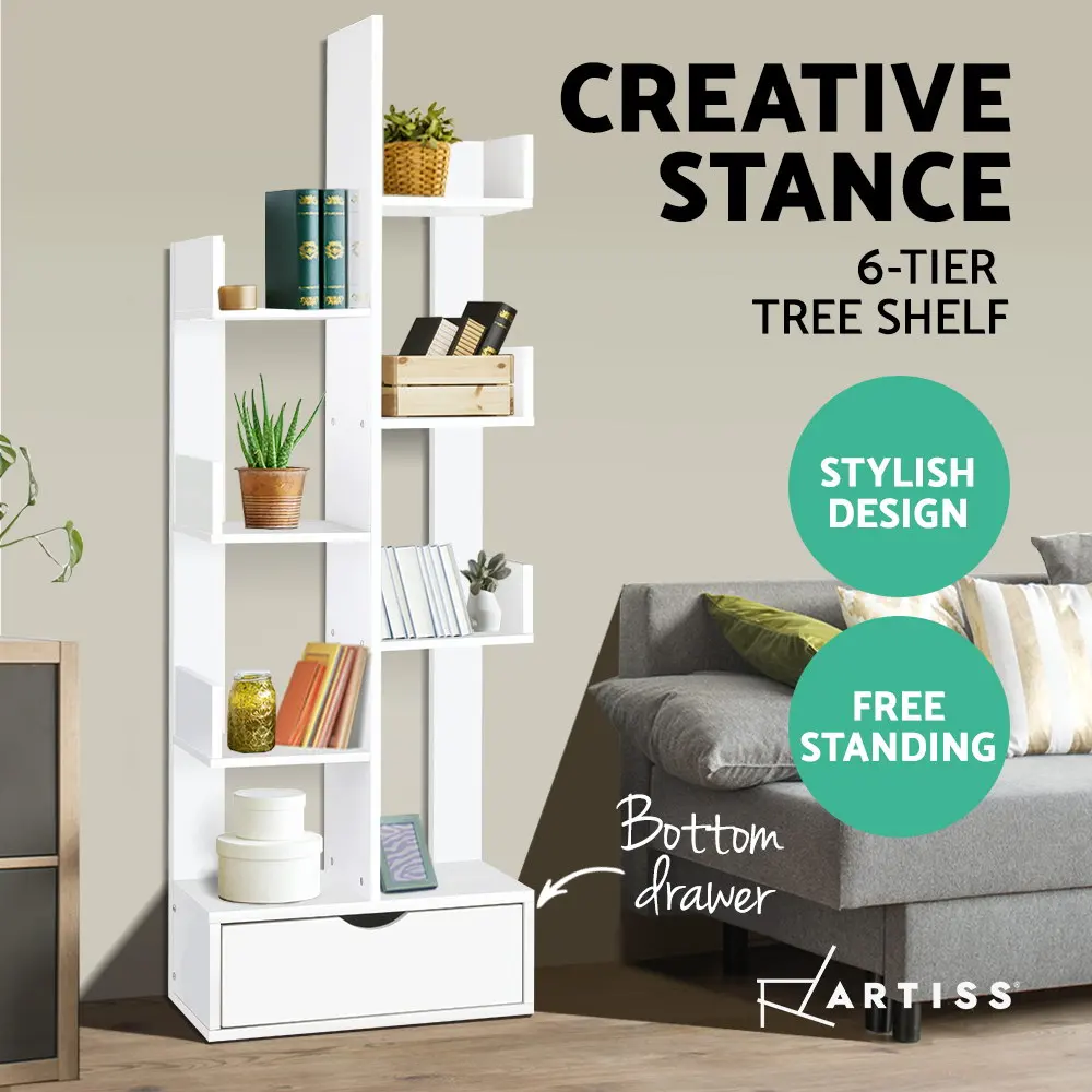 

Modern Artiss Wooden Tree Storage Display Shelf Bookcase CD Rack Shelving Unit Drawer White Multilayer Storage Cabinet A2