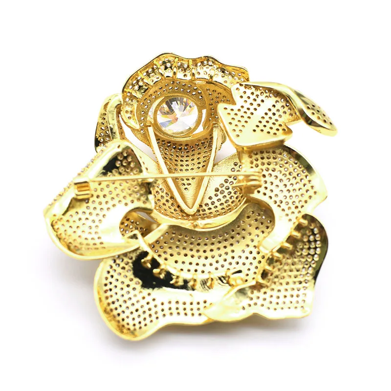 Big Top Grade Beautiful Gold Cubic Zirconia Pave Rose Flower Brooch Pin/connectors