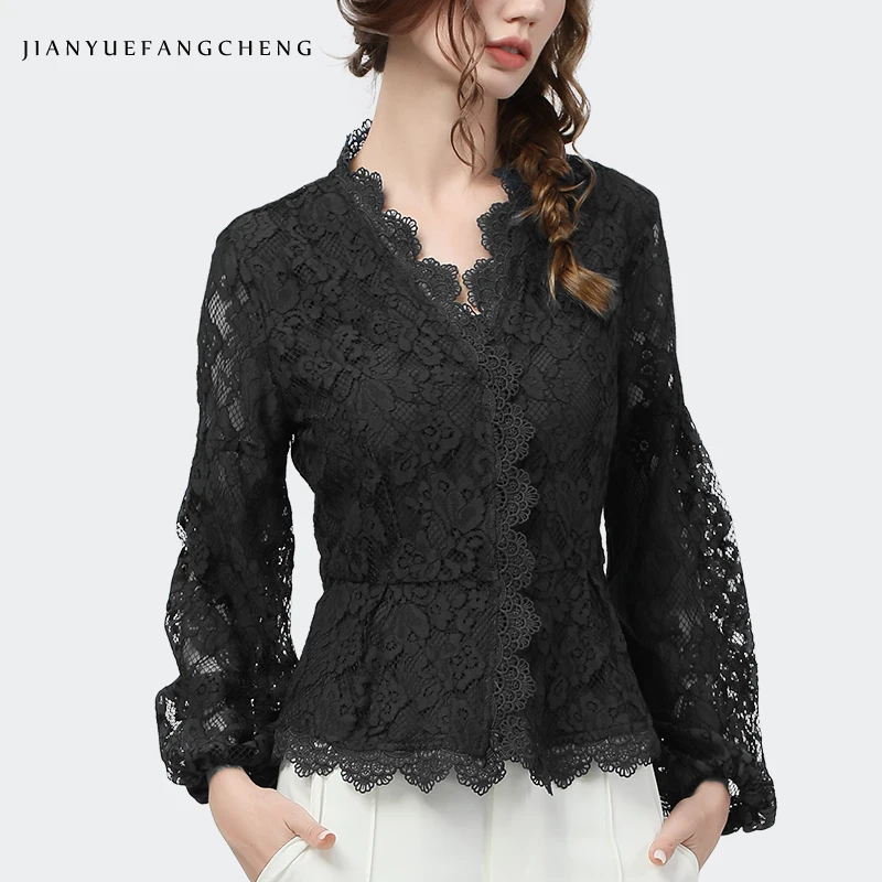 Women Lace Blouses Close-fitting Tops Long Sleeve
