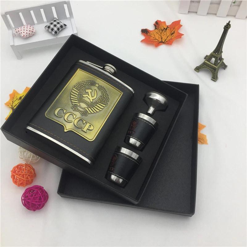 8oz Pocket Portable Hip Flask Stainless Steel Flagon Whiskey Wine Pot Bottle + Funnel + Cup With Fift Box Set Men Alcohol Bottle