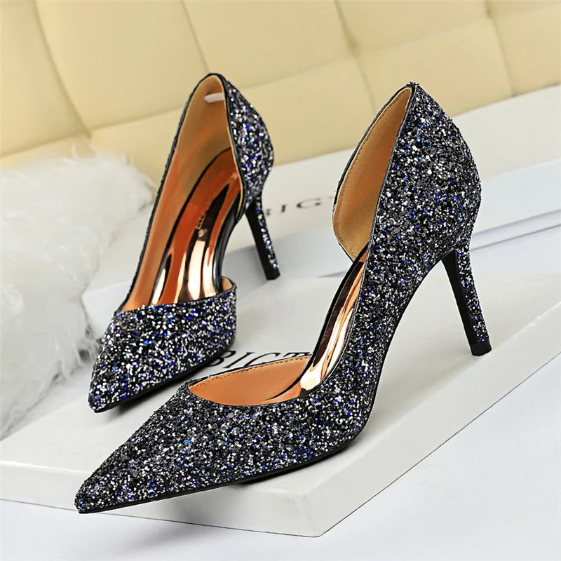 Tacones/Новинка года; сезон весна; женские блестящие туфли-лодочки на высоком каблуке 8 см; летние блестящие свадебные туфли Золушки на каблуке; цвет золотой, белый, серебристый