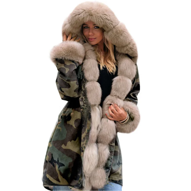 Осенне-зимняя женская меховая куртка пальто винтажное свободное камуфляжное пальто с капюшоном больших размеров женская теплая верхняя одежда топы