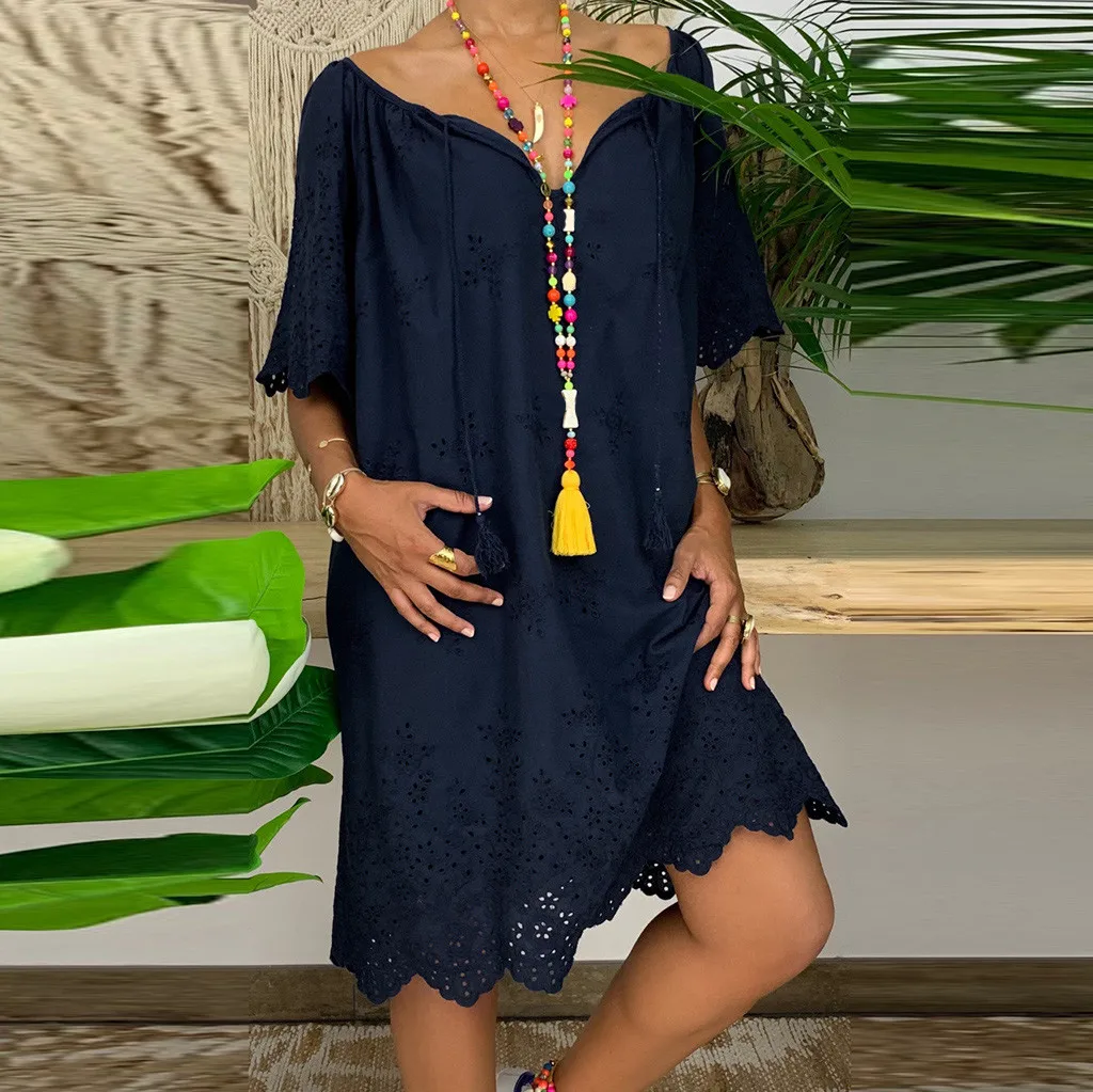 Vintage Sexy Women's Ladies Loose Solid Half Sleeve Lace V-neck Knee Length Dress summer women elegant dress 2019 popular | Женская