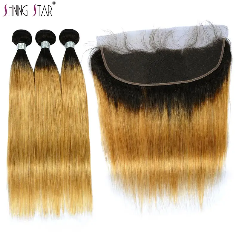 

Colored Ombre T1B/27 Blonde Human Hair Bundles With Frontal Shining Star Nonremy Brazilian Straight Hair Bundles With Closure