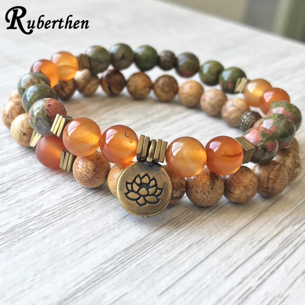 

Ruberthen Unakite Lotus Energy защитный браслет с изображением яшмы сердолика браслет на запястье молитвенный женский браслет