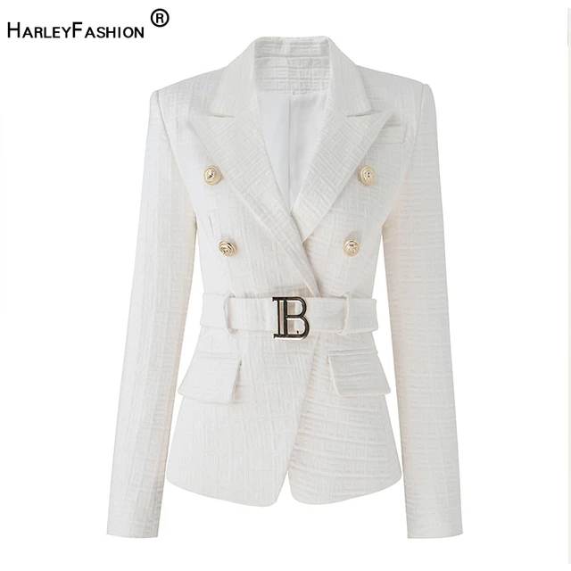 Conjunto de chaqueta blanca ajustada con cuello con muescas, botones y  bolsillos, elegante y liso, para mujer - AliExpress