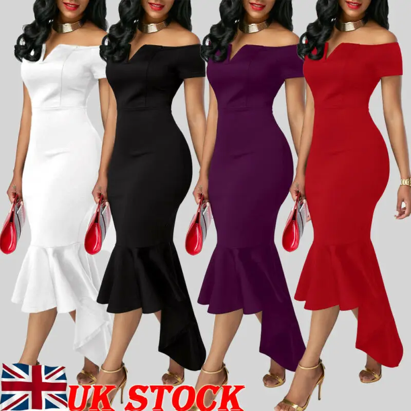 

2019 Women Evening Party Club Wear Short Sleeve Off Shoulder Ruffle Asymmetric Midi Dress