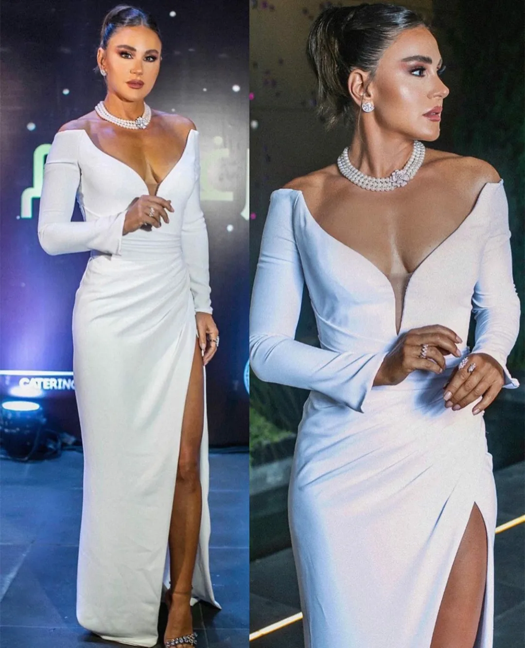 

Long Ivory Stretchy Evening Dresses Mermaid V-Neck Split Prom Gowns Robes de soirée Floor Length Party Dress Вечерние платья