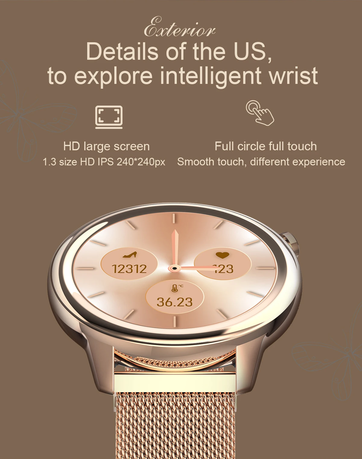 Female health (physiological cycle), Blood pressure monitori,Respiratory rate,Dynamic UI, Body temperature monitoring Smartwatch