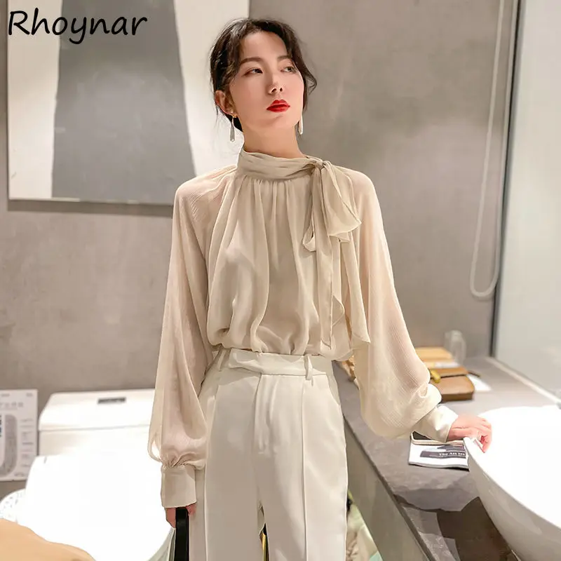 

Lantern Sleeve Blouse Women Autumn New Fashion Simple Lace-up Leisure Solid Cozy All-match Stand Collar Female Ulzzang Tender