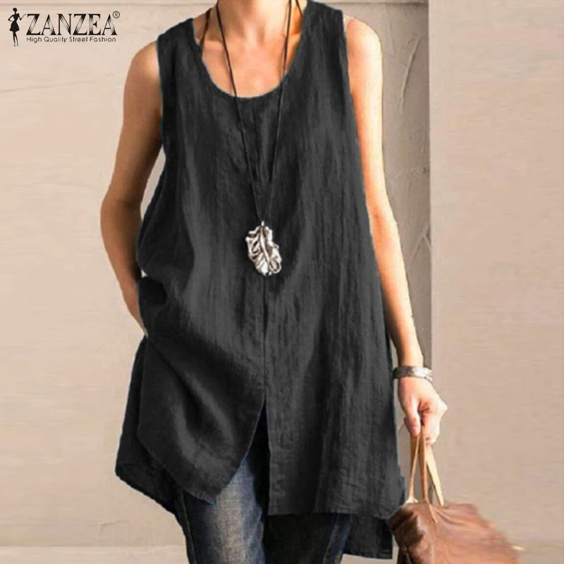 ZANZEA camisetas sin mangas de verano, blusa de mujer, camisa de lino de algodón con abertura Vintage, Blusas sueltas de mujer, Túnica de talla grande