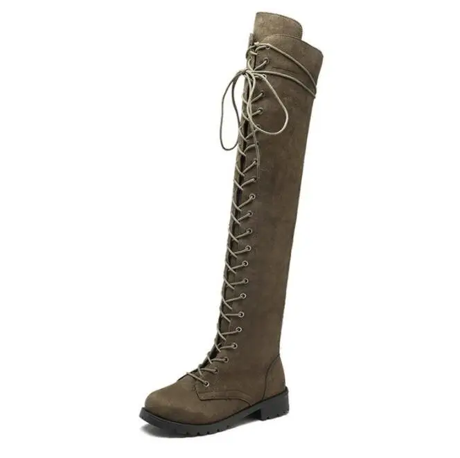STAN SHARK New Style Women Boots For Autumn Winter Flock Over Knee High Boots Lace Up Fashion Cross Tied Plus Size 35-43 - Цвет: green